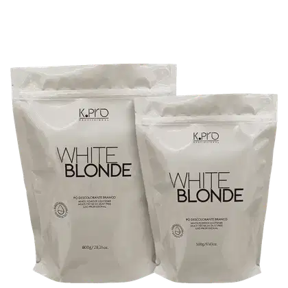 O produto apresentado na imagem são dois pacotes de pó descolorante branco da marca K.Pro, com o nome "White Blonde" impresso. Os pacotes têm design minimalista, com a marca K.Pro e o nome do produto em destaque. Um pacote é de 800g e o outro de 500g.