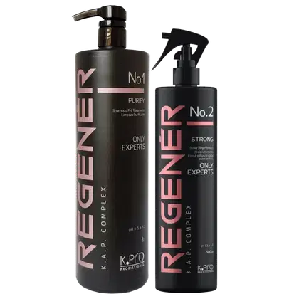 O produto de beleza apresentado na imagem é um conjunto de dois itens da marca K.Pro. O primeiro item é um frasco de shampoo com a etiqueta "No.1 PURIFY" e o segundo item é um frasco de spray com a etiqueta "No.2 STRONG".
