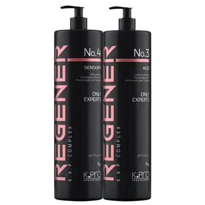 O produto apresentado na imagem são dois frascos de produtos de cuidados capilares da marca K.Pro. Os frascos possuem embalagens pretas com detalhes em rosa, indicando os números 3 e 4.