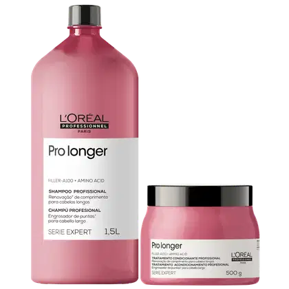 Produto de tratamento capilar L'Oréal Professionnel Prolonger da linha Serie Expert. Composto por um shampoo em frasco plástico rosa de 1,5 litros e um condicionador em pote plástico rosa de 500 gramas.