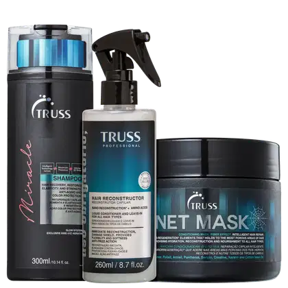 Shampoo Miracle, Tratamento Uso Obrigatório e Net Mask dispostos lado a lado. Cores predominantes são o preto e o azul.