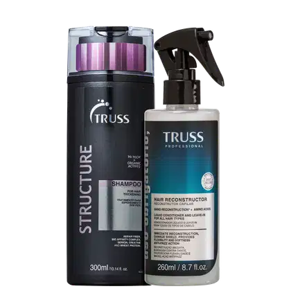 A imagem mostra dois produtos da TRUSS: Shampoo Structure 300ml e Tratamento Uso Obrigatório 260ml. Cores predominantes são o preto, o rosa e o azul.