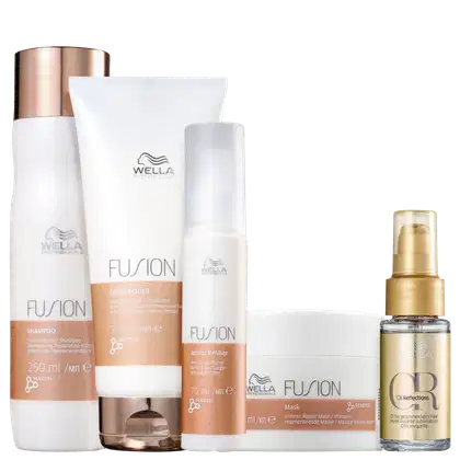 A imagem mostra uma linha de produtos para cabelos da marca Wella Professionals.