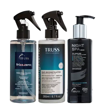 Kit TRUSS com:

TRUSS Uso Obrigatório - Tratamento Líquido 260ml

TRUSS Night Spa - Sérum de Tratamento Noturno 250ml

TRUSS Frizz Zero - Tratamento Condicionante 260ml