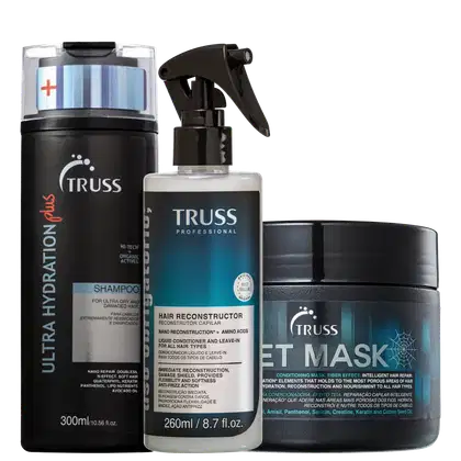 Kit TRUSS com:

TRUSS Ultra Hydration Plus - Shampoo 300ml
TRUSS Uso Obrigatório - Tratamento Reconstrutor 260ml
TRUSS Net - Máscara Capilar 550g