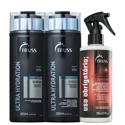 Kit com shampoo, condicionador Ultra Hydration e tratamento reconstrutor Uso Obrigatório Miracle Summer, da marca TRUSS.