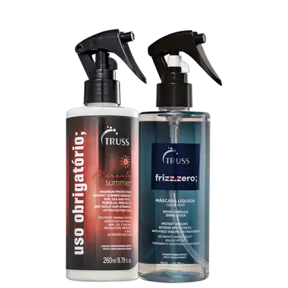 Kit com tratamento disciplinante Frizz Zero e tratamento reconstrutor Uso Obrigatório Miracle Summer, da marca TRUSS.