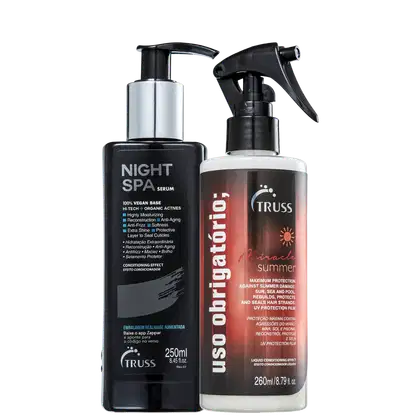 Kit com sérum de tratamento noturno Night SPA e tratamento reconstrutor Uso Obrigatório Miracle Summer, da marca TRUSS.