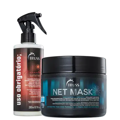 Kit com máscara Net Mask e tratamento reconstrutor Uso Obrigatório Miracle Summer, da marca TRUSS.