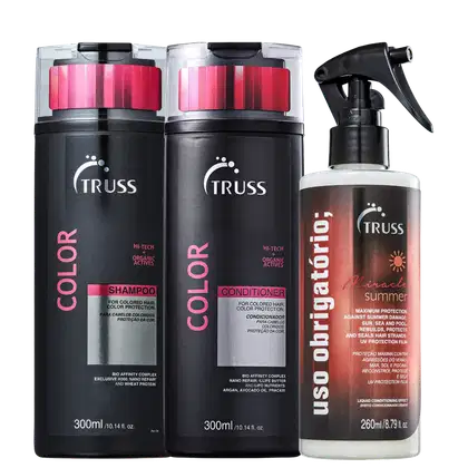 Kit com shampoo, condicionador Color e tratamento reconstrutor Uso Obrigatório Miracle Summer, da marca TRUSS.