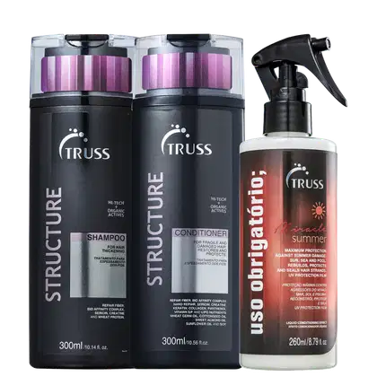 Kit com shampoo, condicionador Structure e tratamento reconstrutor Uso Obrigatório Miracle Summer, da marca TRUSS.