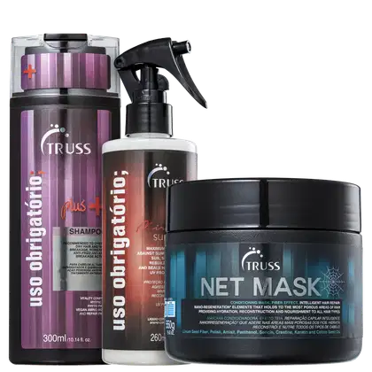 Kit com shampoo Uso Obrigatório Plus, tratamento reconstrutor Uso Obrigatório Summer Miracle e máscara capilar Net Mask, da marca TRUSS.
