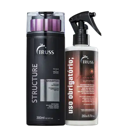 Kit com shampoo Structure e tratamento Uso Obrigatório Miracle Summer, da marca TRUSS.