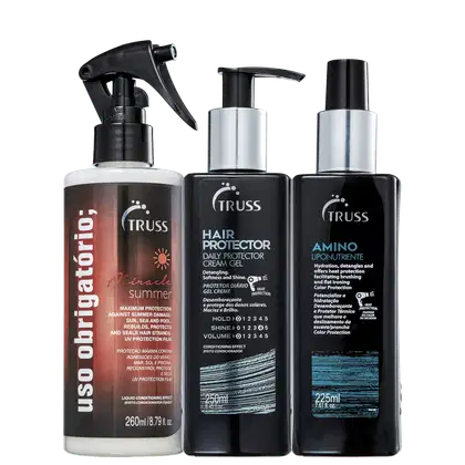Kit com leave-in Amino, leave-in Hair Protector e tratamento Uso Obrigatório Miracle Summer, da marca TRUSS.