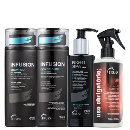 Kit com shampoo, condicionador Infusion, sérum noturno Night SPA e tratamento reconstrutor Uso Obrigatório Miracle Summer, da marca TRUSS.
