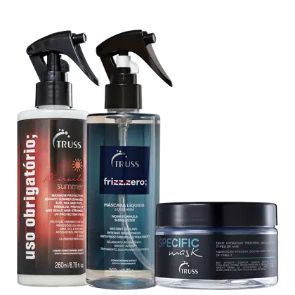 A imagem mostra três produtos de cuidados capilares da marca Truss: Uso Obrigatório Miracle Summer, Frizz Zero, Specific Mask.