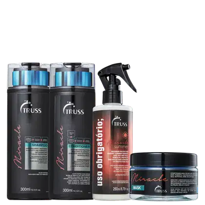 A imagem mostra um kit capilar de TRUSS, sendo um shampoo e um condicionador da linha Miracle, um frasco de uso obrigatório miracle summer e um pote da máscara miracle.