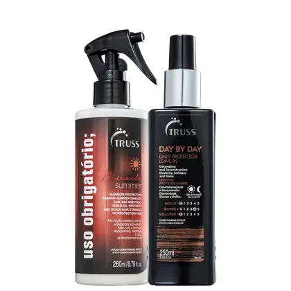 Dois produtos para cuidados capilares da marca TRUSS. Um é um protetor solar líquido para cabelos chamado "Uso Obrigatório Summer", em uma embalagem spray de 260ml. O outro é um leave-in diário chamado "Day by Day", em um frasco preto de 250ml.
