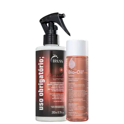 A imagem mostra dois produtos de cuidados com os cabelos e pele. Um é um spray TRUSS de proteção solar para o verão, em uma embalagem de 260ml. O outro produto é um óleo Bio-Oil para cuidados da pele, em uma embalagem de 125ml.