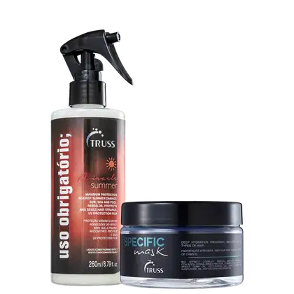 Produto de cuidado capilar da marca TRUSS. Um frasco spray vermelho de 260ml com o nome "Uso obrigatório Miracle Summer". Um pote preto com a inscrição "Specific Mask" de 180g.
