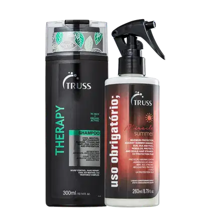 Produtos de cuidado capilar TRUSS. Um shampoo Therapy de 300ml. Um spray de tratamento reconstrutor de 260ml.