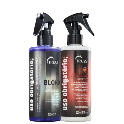 Dois frascos de spray de produtos para cabelos da marca Truss. Um frasco é roxo e contém um produto chamado "Blond", descrito como restaurador imediato para cabelos loiros. O outro frasco é vermelho e contém um produto chamado "Miracle Summer".