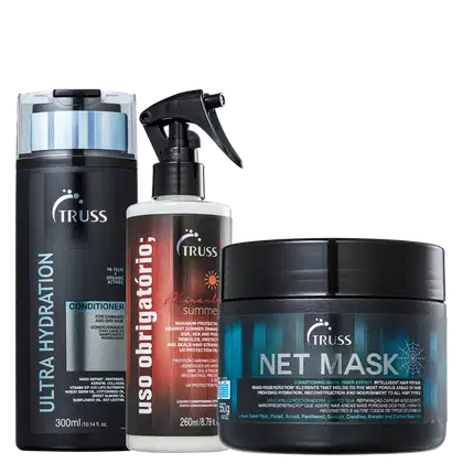 Três produtos de cuidados capilares da marca TRUSS. O primeiro é um condicionador de 300ml. O segundo é um protetor solar líquido para cabelos de 260ml. O terceiro é uma máscara capilar de 550g.