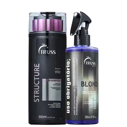 A imagem mostra o frasco do shampoo structure que é preto com detalhes roxos e ao lado o frasco do uso obrigatório blond.