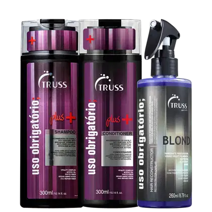 Produtos para cabelos da marca TRUSS. Shampoo e condicionador "Uso Obrigatorio Plus+". Produto "Uso Obrigatório Blond" em frasco spray de 260ml.
