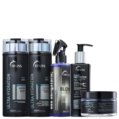 5 produtos de cabelo da marca TRUSS dispostos lado a lado. Cores predominantes são azul e preto.
