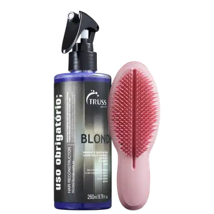 Uso Obrigatório Blond ao lado de uma escova de cabelo rosa em formato oval.