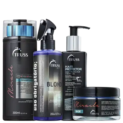 Shampoo Miracle, Uso Obrigatório Blond, Leave-in Hair Protector e Miracle Mask.