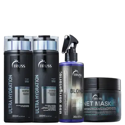 A imagem mostra quatro produtos de cuidados capilares da marca TRUSS. Shampoo e condicionador Ultra Hydration, Uso Obrigatório Blond e Net Mask.