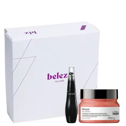 A imagem mostra caixa de presente Beleza na Web, máscara capilar L'Oréal Professionnel Inforcer 250g e máscara de cílios Lancôme Grandiôse 120g