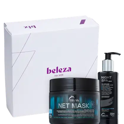A imagem mostra uma caixa branca presenteável com o logotipo da marca Beleza na Web e dois produtos da TRUSS: Night Spa Serum de 250ml e Net Mask de 550g.