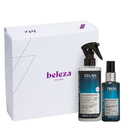 A imagem mostra caixa branca presenteável com o logotipo da Beleza na Web e dois produtos da marca TRUSS, da linha Uso Obrigatório: spray reconstrutor de 260ml e óleo capilar de 60ml.