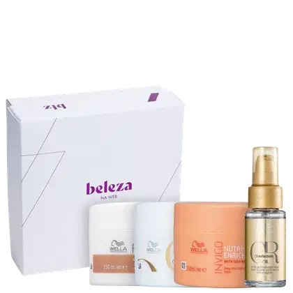 A caixa branca com detalhes em roxo. Dentro da caixa, há um óleo capilar e três máscaras de tratamento, das respectivas linhas: Oil Reflections, Fusion e Nutri-Enrich.