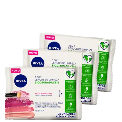 Kit NIVEA com 3 unidades dos Lenços de Limpeza Facial  Ação Hidratante 3 em 1, com 25 folhas cada
