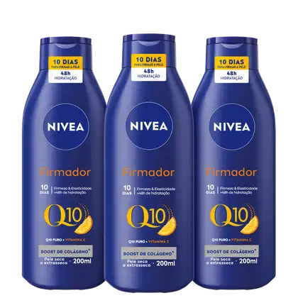 Kit NIVEA com 3 unidades de Loção Hidratante Corporal Firmador Q10 + Vitamina C Pele Seca de 200ml cada