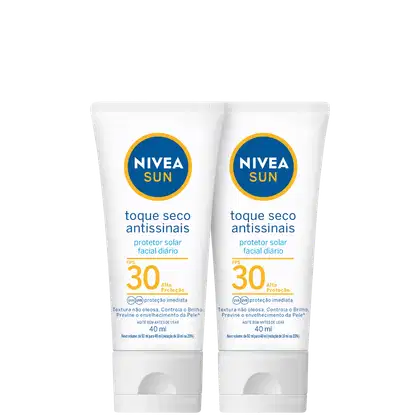 Kit NIVEA com 2 unidades de Protetor Solar Facial Sun Toque Seco Antissinais FPS 30 de 40ml cada