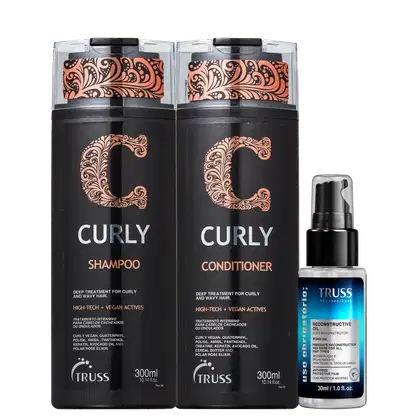Kit TRUSS Curly + Uso Obrigatório Oil Mini, 3 produtos.