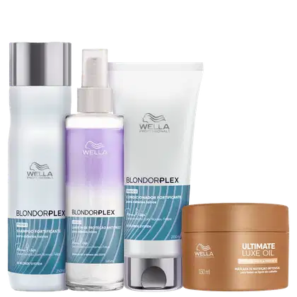 Kit Wella Professionals com shampoo 250ml, condicionador 200ml e leave-in 145ml da linha BlondorPlex e máscara 150ml da linha Ultimate Luxe Oil