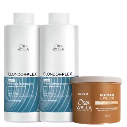Kit Wella Professionals com shampoo e condicionador BlondorPlex  de 1 litro cada e máscara Ultimate Luxe Oil de 500ml