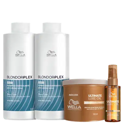 Kit Wella Professionals com shampoo e condicionador BlondorPlex  de 1 litro cada e óleo de 100ml e máscara de 500ml da linha Ultimate Luxe Oil
