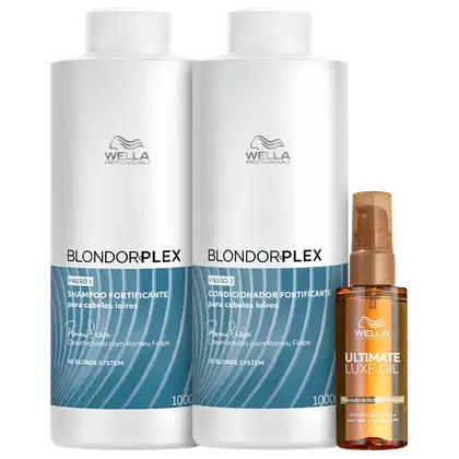 Kit Wella Professionals com shampoo e condicionador BlondorPlex  de 1 litro cada e óleo de 100ml da linha Ultimate Luxe Oil