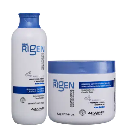 Kit com shampoo e máscara capilar Real Rigen, da marca Alfaparf Milano.