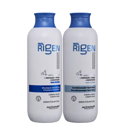 Kit com shampoo e condicionador Real Rigen, da marca Alfaparf Milano.