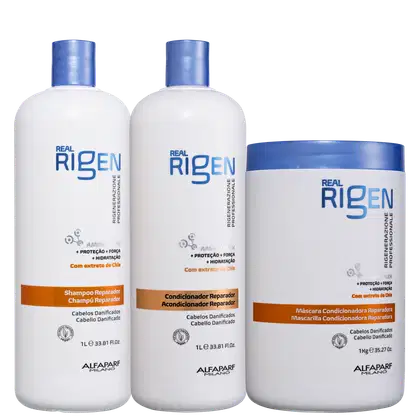 Kit com shampoo, condicionador e máscara capilar Real Rigen, da marca Alfaparf Milano.