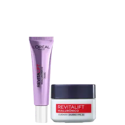Kit com Creme Redutor de Linhas para Área dos Olhos Revitalift Hialurônico e Creme Facial Redutor de Linhas Revitalift Hialurônico Diurno FPS 20, da marca L'Oréal Paris.
