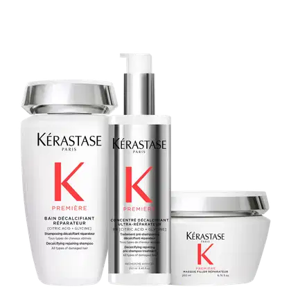 Kit com shampoo, máscara capilar e tratamento capilar Première, da marca Kérastase.